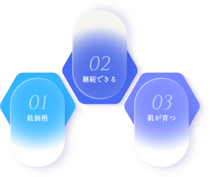 01 低価格、02 継続できる、03 肌が育つ